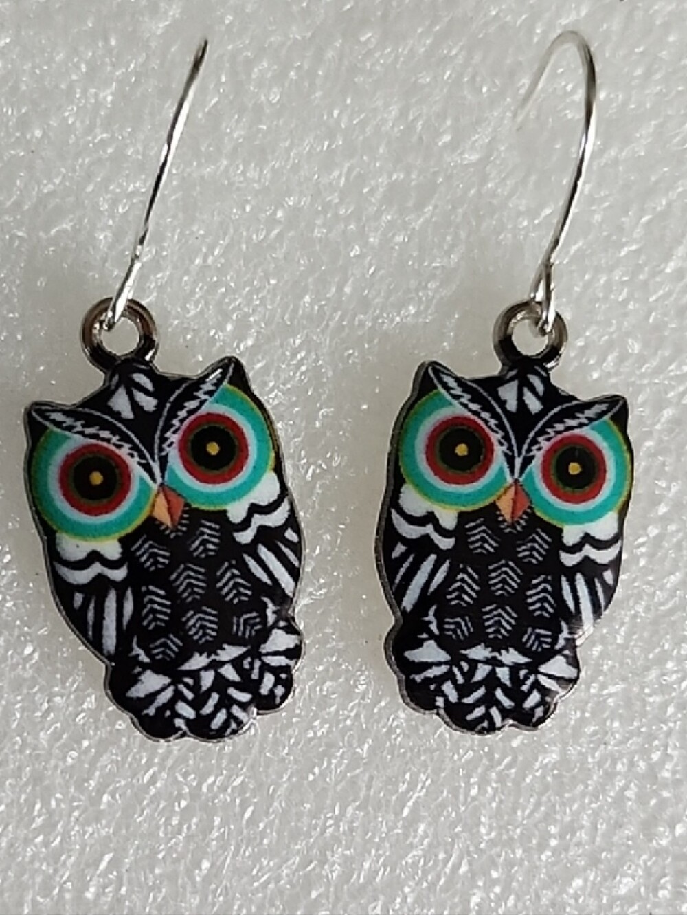 Hand Crafted Black Owl Earrings with Teal and Red Accents - Picture 1 of 3